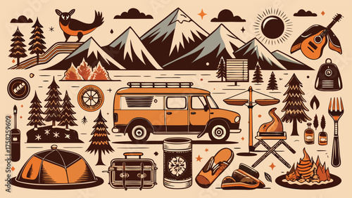 A black and white drawing featuring an assortment of various items, showcasing intricate details and textures..eps