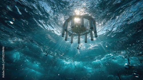 Explore the mysteries of the deep with a vibrant underwater scene featuring sunbeams dancing through clear turquoise waters and metallic scientific equipment for ocean research and exploration