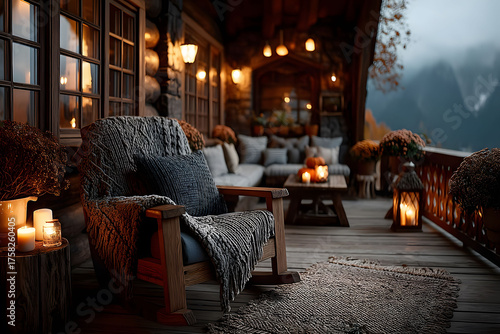 Cozy Autumn Evening on Rustic Wooden Porch with Mountain View Perfect for Relaxation and Tranquility