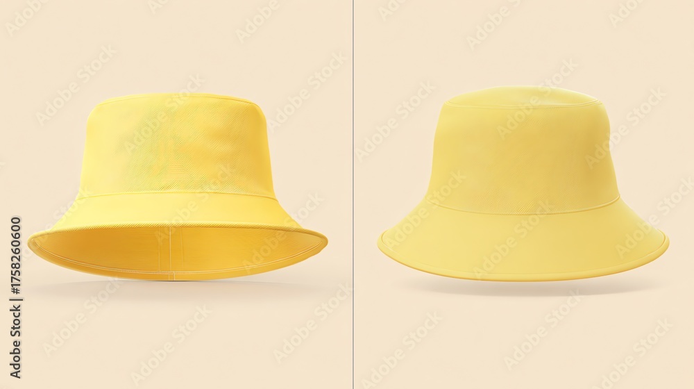 Fototapeta premium Two Yellow Bucket Hats Showing Front and Back on Neutral Background