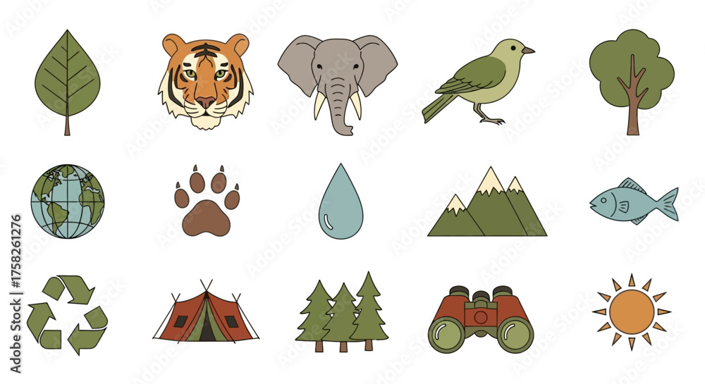 Vector wildlife and conservation icon set, tiger face, elephant, bird, tree, leaf, paw print, globe, water drop, fish, mountain, forest, recycle symbol, binoculars, tent, sun, earthy green brown palet