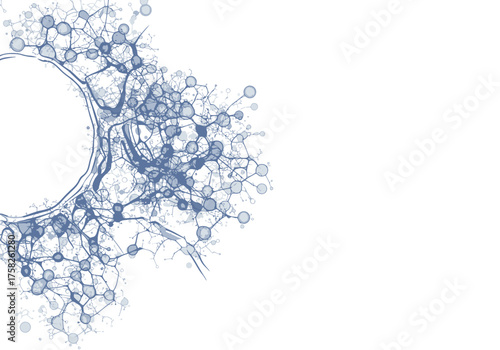 Intricate Blue Organic Network Pattern of Connected Spheres and Filaments.