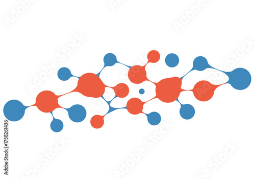 Stylized molecular structure with interconnected red and blue organic nodes and fluid bonds.