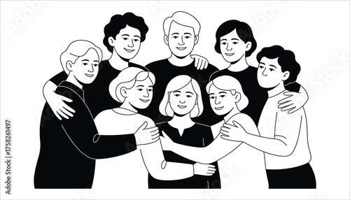Diverse Group Of People Hugging And Smiling Together In Black And White happy