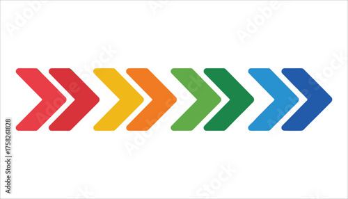Horizontal row of six colorful chevron arrows pointing right on white background direction forward