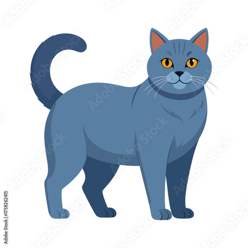 Cartoon Blue Cat with Amber Eyes Standing Alertly