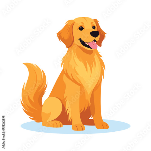 Cartoon Golden Retriever Sitting with Tongue Out, Happy Expression