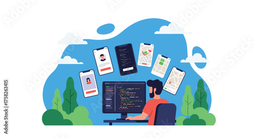 Adobe illustrator artwork vector illustration. A programmer codes on a laptop with multiple mobile phone interfaces floating, depicting app development, coding, and responsive design