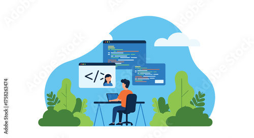 Adobe illustrator artwork vector illustration. A programmer codes on a laptop with multiple mobile phone interfaces floating, depicting app development, coding, and responsive design