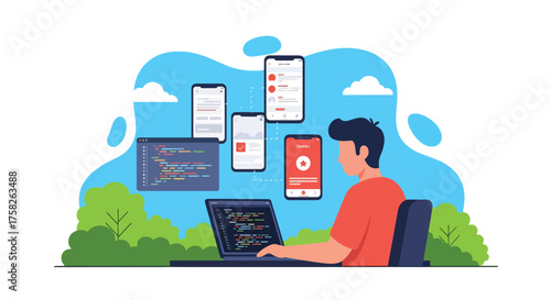 Adobe illustrator artwork vector illustration. A programmer codes on a laptop with multiple mobile phone interfaces floating, depicting app development, coding, and responsive design