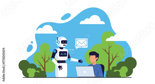 Adobe illustrator artwork vector illustration. A man collaborates with a humanoid robot on a computer, interacting with a futuristic digital interface, symbolizing AI-powered technology and innovation