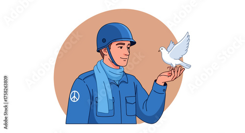 A symbolic vector illustration of a peacekeeper soldier in a blue uniform holding a white dove, representing hope and non-violence