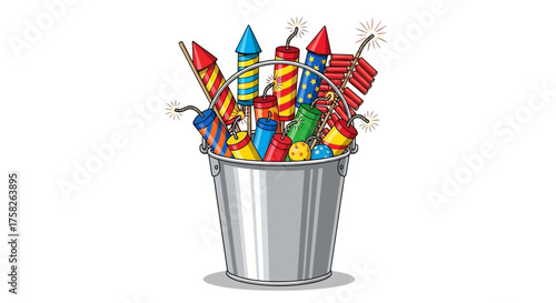 Bucket filled with colorful fireworks and explosives, ready for celebration