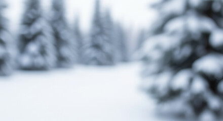 Abstract winter background with blurred snowy forest landscape, soft focus on snow covered pine trees, cool blue tones for seasonal christmas holiday design