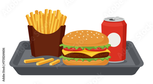 Tray of fast food burger fries and a red soda can