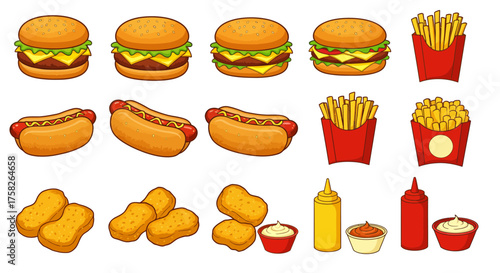 Fast food illustration burgers hot dogs fries nuggets sauces