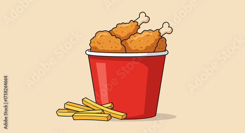 A red bucket overflows with fried chicken accompanied by a small pile of french fries