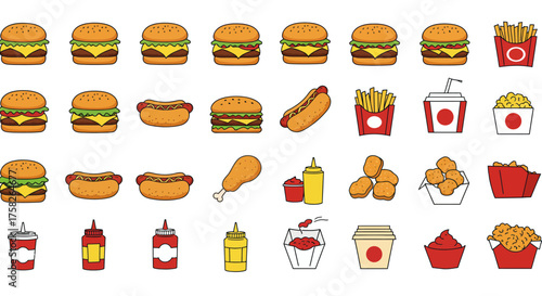 Array of cartoonstyle fast food icons including burgers hotdogs chicken fries drinks sauces and snacks