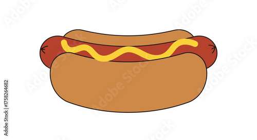Cartoon hotdog mustard zigzags on sausage held by a tan bun