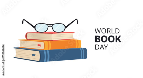 Eyeglasses resting on a pile of hardcover books isolated on a white background, representing study and literature