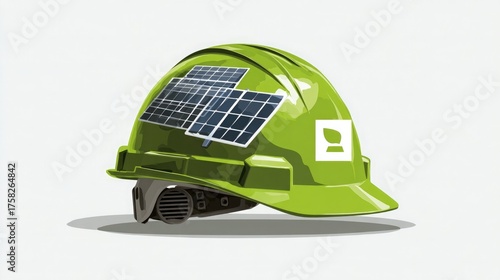 Innovative green hard hat integrated with solar panels symbolizing sustainable construction and renewable energy solutions for eco-conscious projects and future development