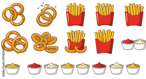 Cartoons of pretzels fries in red containers and condiment cups are arranged on a white background