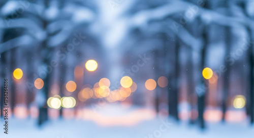 Принти на полотні Abstract winter background with blurred snowy park alley and golden bokeh lights