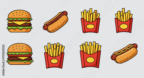Fast food icons of hamburgers hotdogs  fries are arranged in a grid