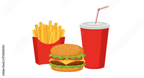 Burger fries and soda set sesame seed bun beef patty cheese lettuce red cardboard containers and a striped straw