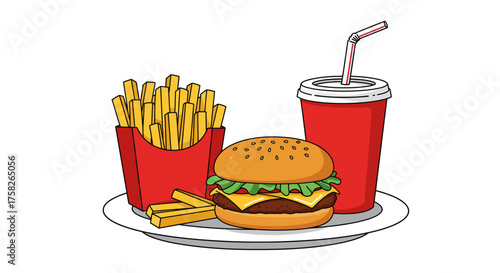 Fast food combo burger fries and soda with straw on a plate