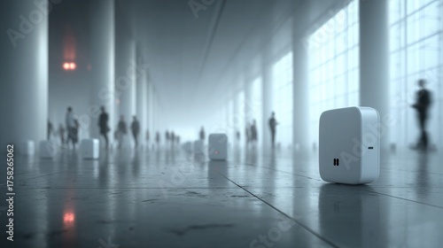 Sleek modern IoT device with minimalist design stands prominently in a futuristic, brightly lit corporate lobby with blurred figures in the background, symbolizing innovation and connectivity