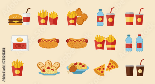 Fast food icons burger fries soda hot dogs water pizza chicken and spaghetti on a beige backdrop