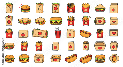 Fast food icons burgers fries wraps hot dogs sandwiches drinks and packaging