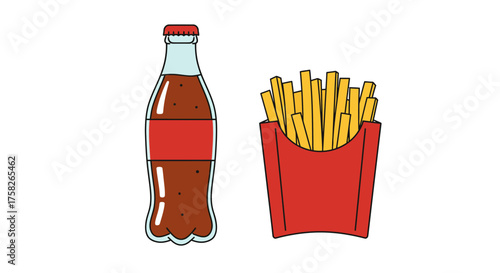 Drawing of a cola bottle with red label and a container of french fries