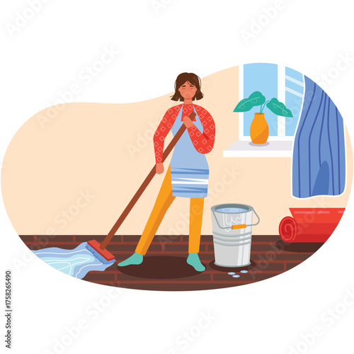 Woman cleaning home floor with mop cartoon