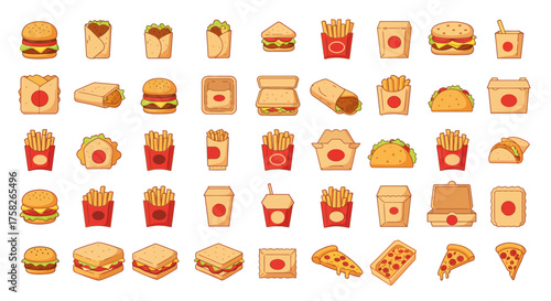 Fast food pixel art icons including burgers wraps fries pizza sandwiches tacos and drinks on a white background