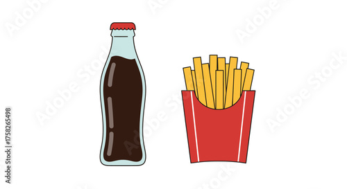 An image shows a bottle of cola and a portion of French fries both outlined in black