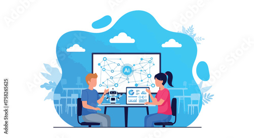 Adobe illustrator artwork vector illustration. A female student and male teacher collaborate on an AI project in a classroom, with mathematical equations on the board,symbolizing personalized learning