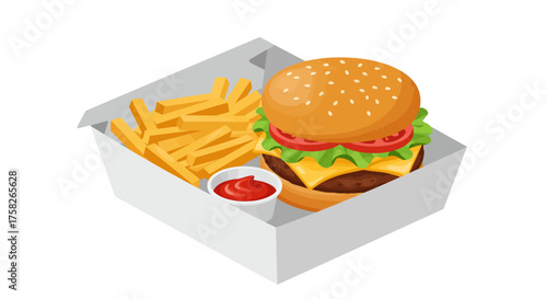 A takeout box holds a burger with sesame bun fries ketchup cup shown in isometric perspective