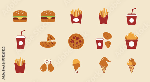 A collection of fast food icons including burgers fries pizza ice cream and chicken