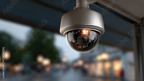 Professional security dome camera mounted outdoors monitoring a blurry urban street scene with warm building lights creating a sense of safety and surveillance