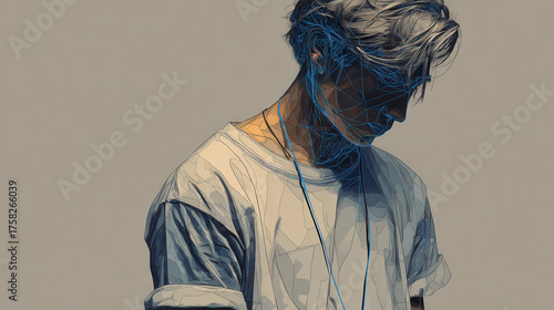 Young individual with light hair wearing casual t shirt, immersed in music, showcasing identity fragmentation in media through artistic lines