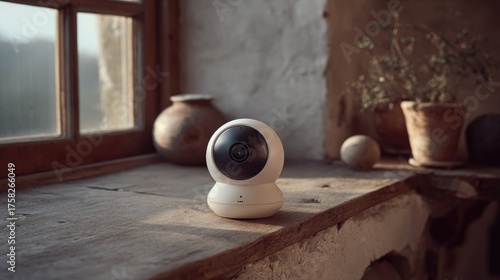 Elegant smart home security camera subtly monitors your living space, offering peace of mind and modern protection with its discreet design and advanced technology.