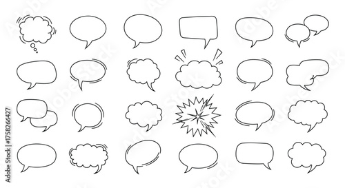 A collection of varied hand drawn speech bubbles with different shapes and textures.