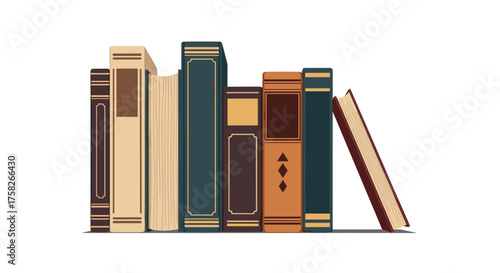 A collection of various books standing upright and leaning against each other on a white surface.