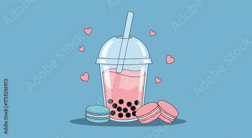 A sweet treat featuring a pink bubble tea drink accompanied by two macarons and delicate floating hearts.