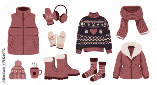 Cozy winter clothing and accessories for staying warm and comfortable in the cold weather.
