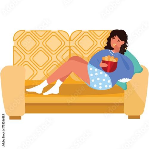 Woman eating nuggets lying on sofa vector icon