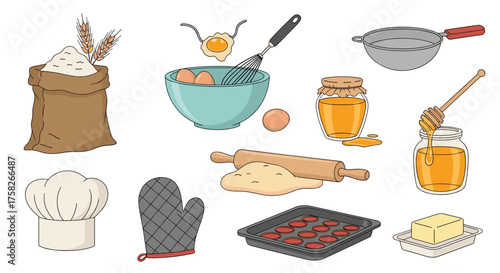 Collection of baking ingredients and tools for homemade treats.