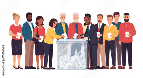 Diverse group of people casting votes at a polling station, participating in an election process